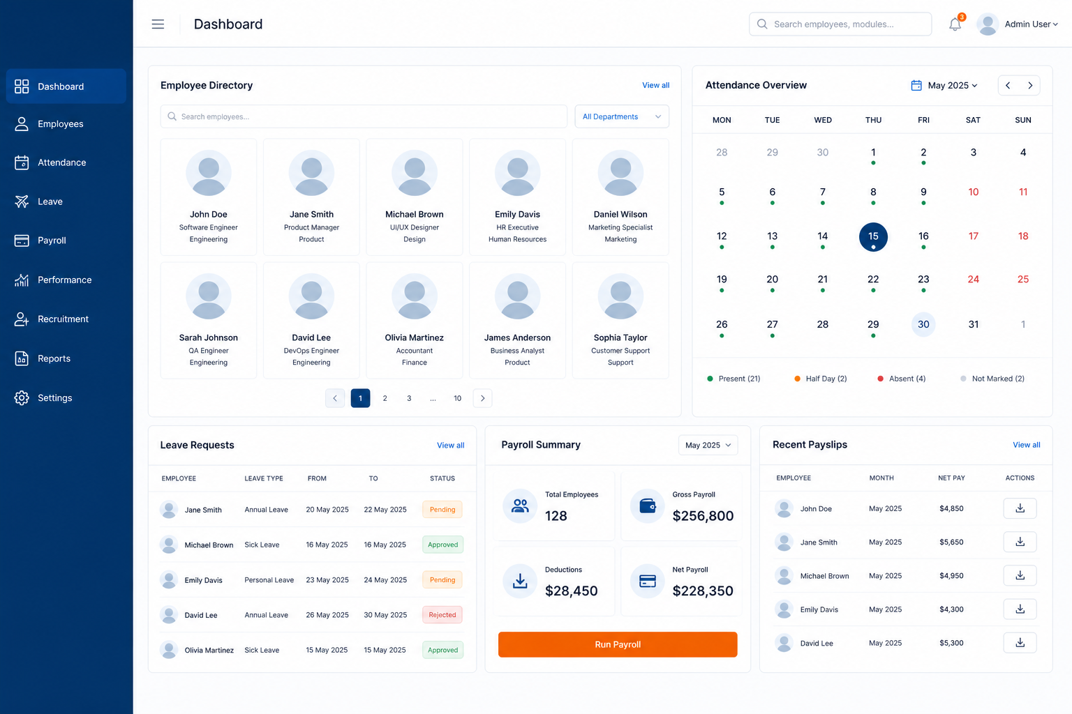 Seven HRMS dashboard showing attendance, leave and payroll summary