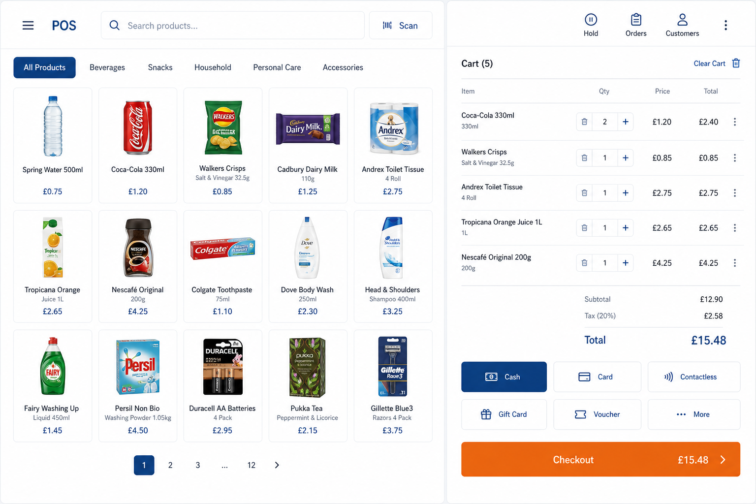 Seven POS billing screen with cart, payment split and loyalty panel